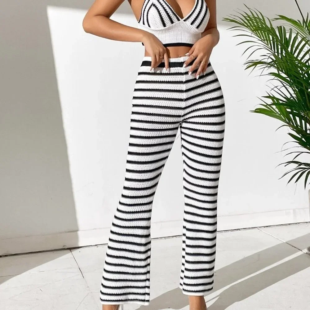 Coord set Preppy Womens Striped Pattern Cami Knit Top & Knit Pants - Picture 4 of 5